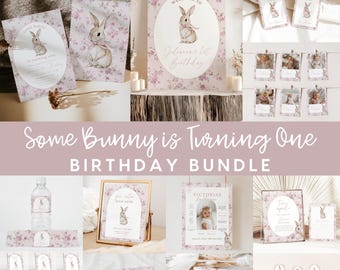 Coquette Vintage Bunny First Birthday Bundle, Some bunny is turning one, 1st birthday bundle, Boho, Floral, Bunny Pink Bow Easter Spring