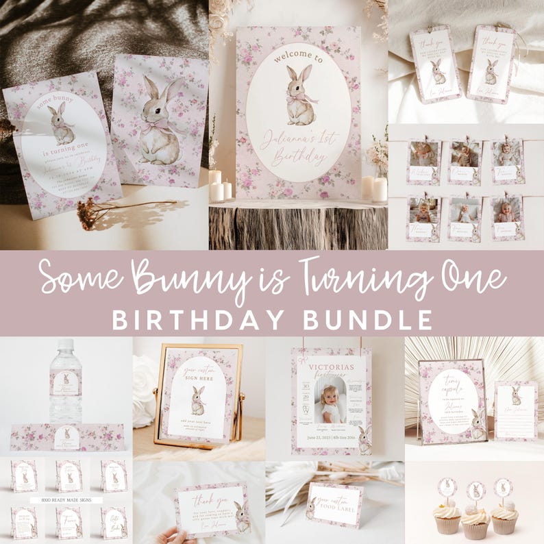 May include: A pink and white floral themed birthday party printable bundle with the text "Some Bunny is Turning One" and a cute bunny illustration. The bundle includes invitations, thank you cards, cupcake toppers, water bottle labels, and more.