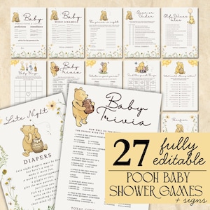 Paquete de juegos clásicos para baby shower de Winnie the Pooh, juegos y letreros de Winnie the Pooh para baby shower de género neutro, Little Honey, paquete de juegos florales