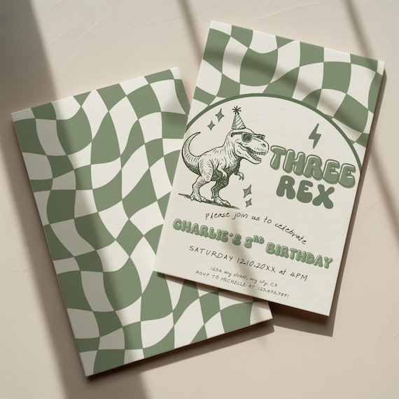 Dinosaur Birthday Invitation, Editable Retro Three Rex Birthday Invite, Digital Boys Third Birthday Dino Party, Three-Rex On The Loose