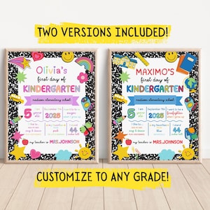 K&ouml;nnte beinhalten: Zwei gerahmte Kindergarten-Schilder mit farbenfrohen Grafiken und Text. Auf einem Schild steht "Olivias erster Kindergartentag" und auf dem anderen "Maximos erster Kindergartentag". Beide Schilder enthalten das Alter des Kindes, das Jahr und weitere Details.