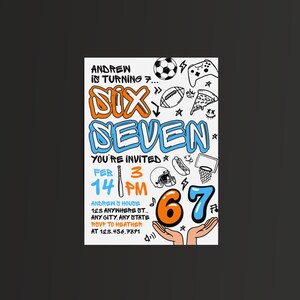 May include: A white invitation card with black, orange, and blue text and doodles. The card reads "Andrew is turning 7..." and "Six Seven". It includes the date, time, and RSVP information. Sports and gaming-themed illustrations are scattered around the text.