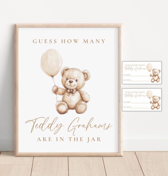 Bear Guess How Many Bears Game Teddy Bear Baby Shower Games We Can Bearly Wait Boho Aesthetic Printable Brown Bear Balloon Grahams