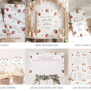 May include: A set of printable baby shower decorations featuring a strawberry theme. The set includes an invitation, welcome sign, thank you tags, cupcake toppers, a game to guess the baby's due date, and several baby shower games.