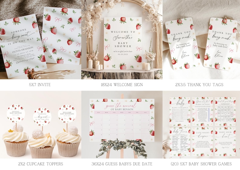 May include: A set of printable baby shower decorations featuring a strawberry theme. The set includes an invitation, welcome sign, thank you tags, cupcake toppers, a game to guess the baby's due date, and several baby shower games.