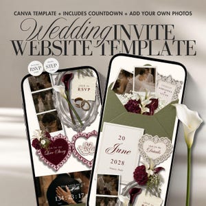 May include: A digital wedding invitation website template for Canva featuring two smartphone screens displaying elegant layouts with floral accents, calla lilies, heart-shaped frames, RSVP buttons, and a countdown timer for 20 June 2028.