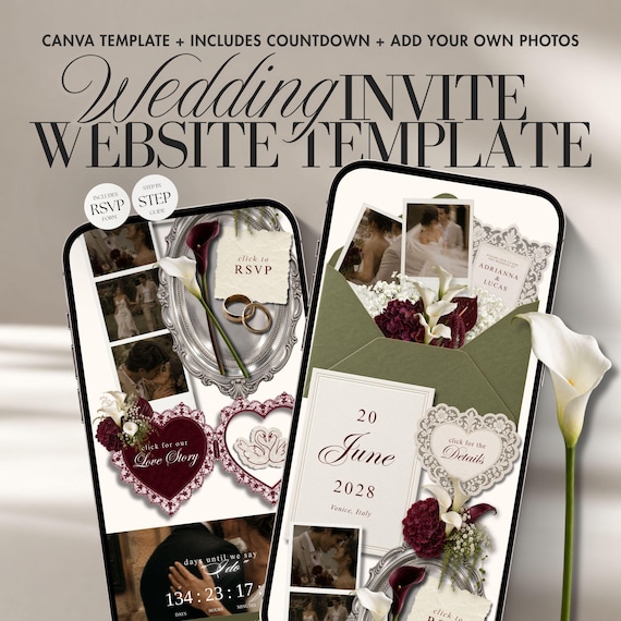 Olive Burgundy Wedding Website Template, Digital Interactive Wedding Invitation, Canva RSVP, Editable Wedding Website, Countdown & Music