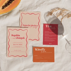 Retro huwelijksuitnodiging suite, moderne bruiloft set, kleurrijke huwelijksuitnodiging, levendige huwelijksuitnodiging, roze, rood, oranje digitaal