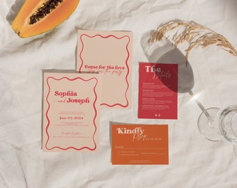 Retro Wedding Invitation Suite, Modern Wedding Set, Colorful Wedding Invitation, VIbrant Wedding Invitation, Pink, Red, Orange Digital