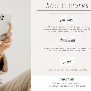 May include: Image showing a person holding a smartphone next to text that reads "how it works". The text explains the steps to purchase, download, and print a digital item. The image emphasizes that only digital items are available.
