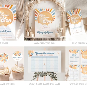 May include: A set of baby shower party decorations with a retro sunburst theme. The set includes an invitation, welcome sign, thank you tags, cupcake toppers, a game to guess the baby's due date, and several baby shower games. The colors are blue, orange, yellow, and white.