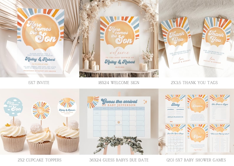 May include: A set of baby shower party decorations with a retro sunburst theme. The set includes an invitation, welcome sign, thank you tags, cupcake toppers, a game to guess the baby's due date, and several baby shower games. The colors are blue, orange, yellow, and white.