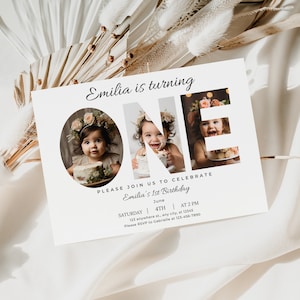 Faire-part photo modifiable pour le premier anniversaire, Faire-part 1er anniversaire minimal, 1er anniversaire Boho, Invitation numérique, Invitation 7 x 5 pour bébé