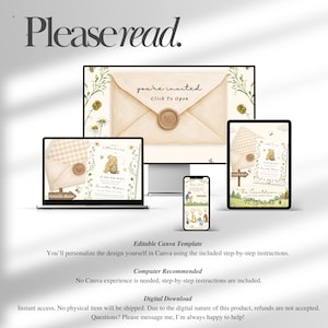 May include: A digital invitation template set displayed on a computer monitor, a tablet, and a smartphone. The designs feature a cream-colored envelope with a wax seal, Winnie the Pooh illustrations, floral accents, and text including you're invited.