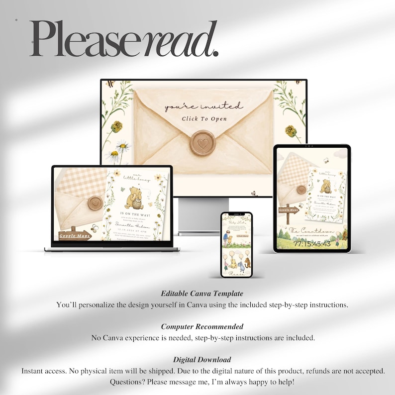 May include: A digital invitation template set displayed on a computer monitor, a tablet, and a smartphone. The designs feature a cream-colored envelope with a wax seal, Winnie the Pooh illustrations, floral accents, and text including you're invited.
