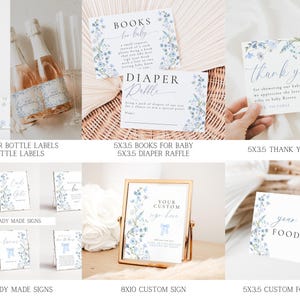 May include: A set of printable baby shower signs featuring a blue and white floral design. The signs include labels for water bottles, a diaper raffle, a thank you card, ready-made signs, a custom sign, and a food label. The text on the signs includes "Books for Baby", "Diaper Raffle", "Thank You", "Your Custom Sign Here", and "Your Custom Food Label".