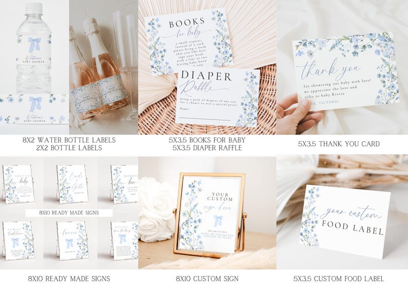 May include: A set of printable baby shower signs featuring a blue and white floral design. The signs include labels for water bottles, a diaper raffle, a thank you card, ready-made signs, a custom sign, and a food label. The text on the signs includes "Books for Baby", "Diaper Raffle", "Thank You", "Your Custom Sign Here", and "Your Custom Food Label".