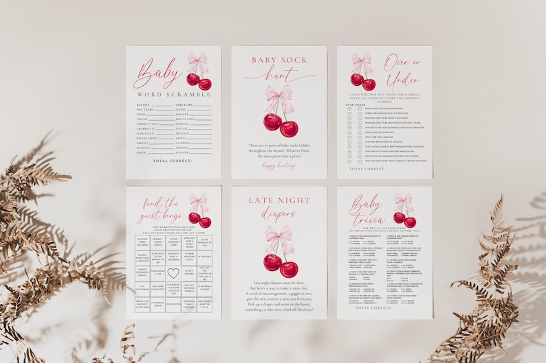 May include: Set of six printable baby shower game cards featuring a cherry motif. The games include Baby Word Scramble, Baby Sock Hunt, Over or Under, Find the Guest Bingo, Late Night Diapers, and Baby Trivia.