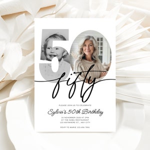 May include: A white invitation card with a black and white photo of a woman and a child. The number 50 is written in a large font with the word "fifty" written in cursive underneath. The text on the card reads "Please join us to celebrate Sylvia's 50th Birthday 16 November 2026 at 2PM at the Nobu Restaurant 123 Anywhere St., Any City RSVP to Marie 123.456.7891"