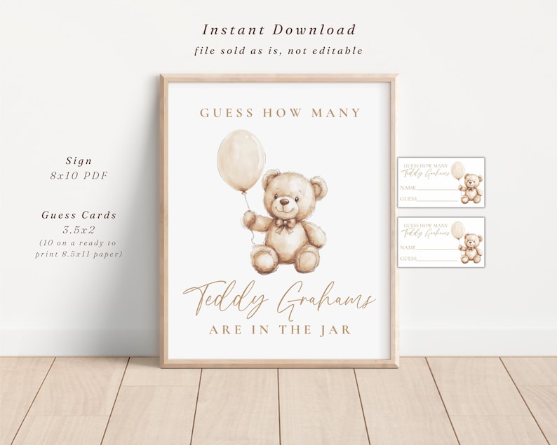 May include: A framed sign and guess cards for a baby shower. The sign reads "Guess How Many Teddy Grahams Are In The Jar" with a watercolor teddy bear holding a balloon. The sign is 8x10 inches.