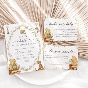 May include: A Winnie the Pooh themed baby shower invitation with a floral wreath border. The invitation reads "A new chapter will soon begin" and includes the date and time of the shower. There are two cards for guests to fill out, one for a diaper raffle and one for a book request.
