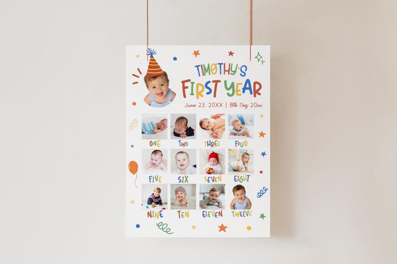Es divertido cumplir un año, paquete de cumpleaños, paquete de primer cumpleaños, cuadros coloridos para niño, primer cumpleaños colorido, letreros editables para el primer cumpleaños, hito imagen 7