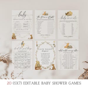 May include: Set of 20 printable baby shower games featuring Winnie the Pooh characters. The games include "Baby Animals", "Late Night Diapers", "What Would Mommy Rather", "Find the Guest Bingo", "Predictions & Advice", and "The Price is Right".