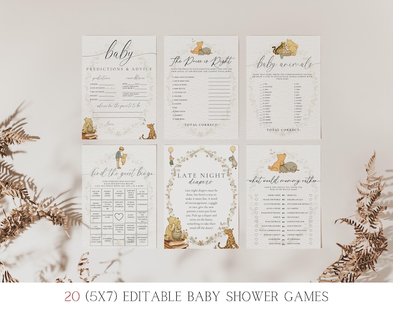 May include: Set of 20 printable baby shower games featuring Winnie the Pooh characters. The games include "Baby Animals", "Late Night Diapers", "What Would Mommy Rather", "Find the Guest Bingo", "Predictions & Advice", and "The Price is Right".