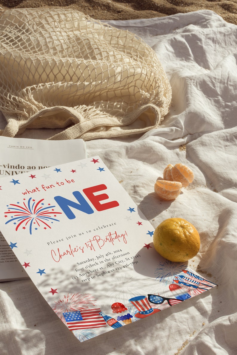 May include: A white invitation card with red, white, and blue stars and fireworks. The text on the card reads "what fun to be ONE" and "Charlie's 1st Birthday!" with details about the party date, time, and location.