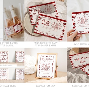 May include: A collection of baby shower stationery with a red and white theme. Includes water bottle labels, invitation cards, thank you cards, ready-made signs, custom signs, and food labels. The designs feature a Christmas tree illustration.