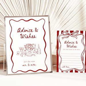 May include: Two white cards with red text and illustrations. The larger card has a wavy border and says "Advice & Wishes for the new mr. & mrs." with a drawing of a table setting. The smaller card has red and white stripes and says "Advice & Wishes for the soon to be mrs." with a blank space for writing.