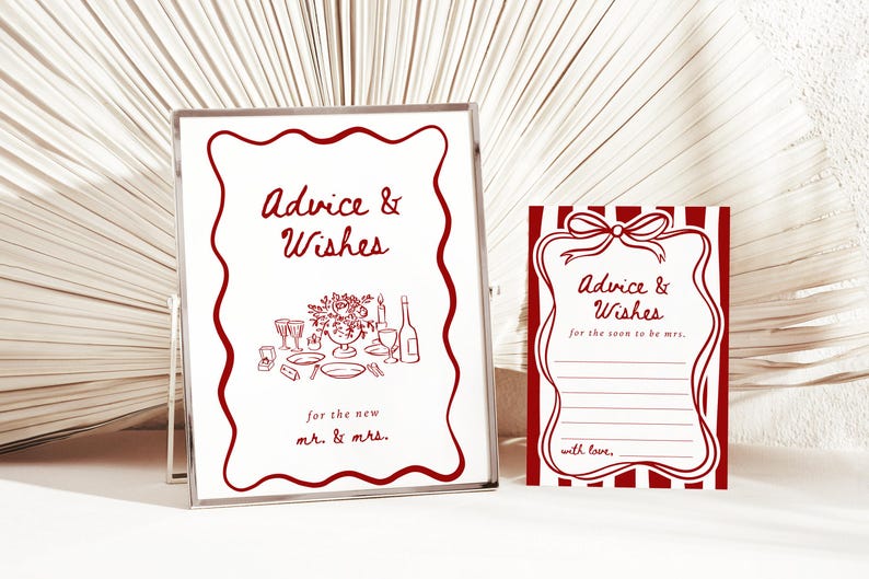 May include: Two white cards with red text and illustrations. The larger card has a wavy border and says "Advice & Wishes for the new mr. & mrs." with a drawing of a table setting. The smaller card has red and white stripes and says "Advice & Wishes for the soon to be mrs." with a blank space for writing.