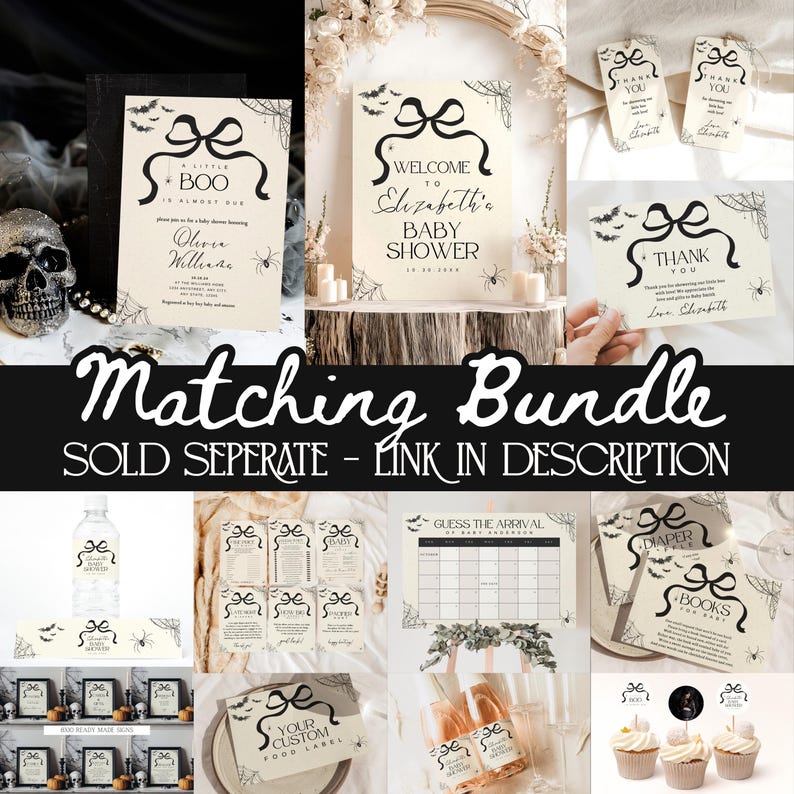 K&ouml;nnte beinhalten: Eine Sammlung von Babyparty-Papeterie zum Thema Halloween. Enth&auml;lt Einladungen, Willkommensschilder, Dankeskarten, Essensetiketten und mehr. Designs zeigen Flederm&auml;use, Spinnen und ein Schleifenmotiv. Der Text enth&auml;lt "A Little Boo" und "Welcome to Elizabeth's Baby Shower".