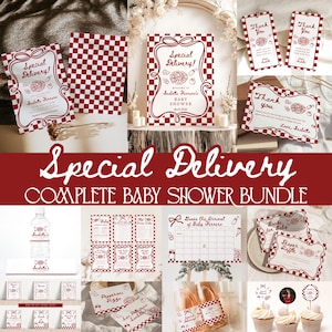May include: A baby shower bundle with a pizza theme, featuring red and white checkered patterns. The design includes the phrases "Special Delivery!" and "Thank You." Includes invitations, games, and decorations.
