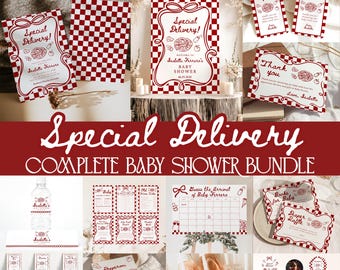 May include: A complete baby shower bundle with a pizza theme. The design features red and white checkered patterns and the words "Special Delivery!" and "Thank You." Includes invitations, games, and decorations.