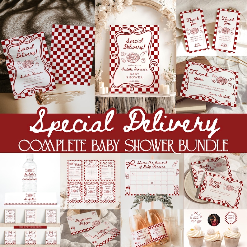K&ouml;nnte beinhalten: Ein komplettes Babyparty-Paket mit Pizza-Thema. Das Design zeigt rot-wei&szlig; karierte Muster und die W&ouml;rter "Special Delivery!" und "Thank You." Enth&auml;lt Einladungen, Spiele und Dekorationen.