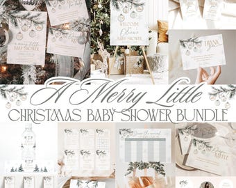 May include: A selection of Christmas-themed baby shower stationery and decorations. The design incorporates wintery elements such as ornaments, pine branches, and snowflakes. The text "A Merry Little Christmas Baby Shower Bundle" is displayed prominently.