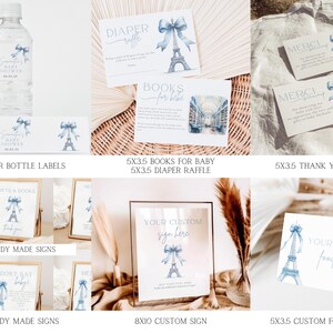 May include: A set of printable Paris-themed baby shower party decorations. The set includes water bottle labels, thank you cards, food labels, ready-made signs, and a custom sign. The decorations feature a watercolour illustration of the Eiffel Tower with blue and white accents.
