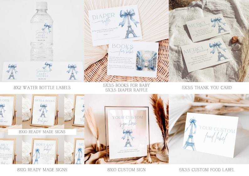 May include: A set of printable Paris-themed baby shower party decorations. The set includes water bottle labels, thank you cards, food labels, ready-made signs, and a custom sign. The decorations feature a watercolour illustration of the Eiffel Tower with blue and white accents.