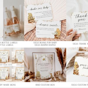 May include: Winnie the Pooh themed baby shower printable set with various designs including water bottle labels, ready-made signs, a custom sign, a thank you card, and a food label. The designs feature Winnie the Pooh, Piglet, and other characters from the book.