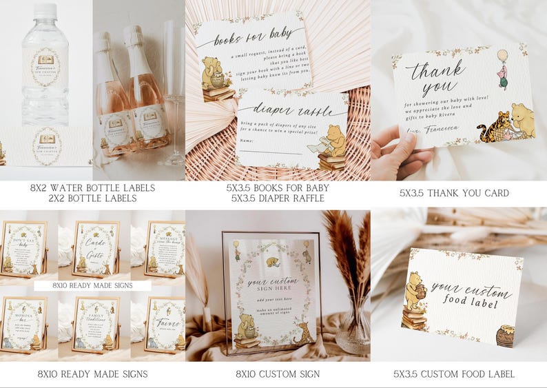 May include: Winnie the Pooh themed baby shower printable set with various designs including water bottle labels, ready-made signs, a custom sign, a thank you card, and a food label. The designs feature Winnie the Pooh, Piglet, and other characters from the book.
