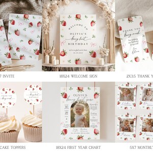 May include: A set of printable party decorations for a first birthday party with a strawberry theme. The set includes an invitation, welcome sign, thank you tags, cupcake toppers, a first year chart, and a monthly banner. The decorations feature watercolor illustrations of strawberries and pink bows.