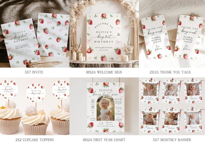 May include: A set of printable party decorations for a first birthday party with a strawberry theme. The set includes an invitation, welcome sign, thank you tags, cupcake toppers, a first year chart, and a monthly banner. The decorations feature watercolor illustrations of strawberries and pink bows.