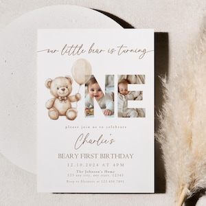 Invito di compleanno modificabile con foto, invito neutro per il primo compleanno dell'orso di peluche, invito minimalista boho per il primo compleanno dell'orso, ragazzo e ragazza