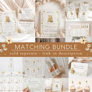 May include: A collection of Winnie the Pooh themed baby shower decorations. The items include invitations, welcome signs, thank you cards, food labels, and cupcake toppers. The designs feature illustrations of Winnie the Pooh, flowers, and the text "Matching Bundle".