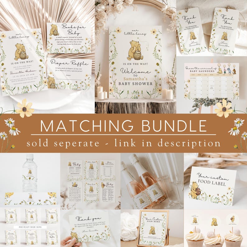 May include: A collection of Winnie the Pooh themed baby shower decorations. The items include invitations, welcome signs, thank you cards, food labels, and cupcake toppers. The designs feature illustrations of Winnie the Pooh, flowers, and the text "Matching Bundle".