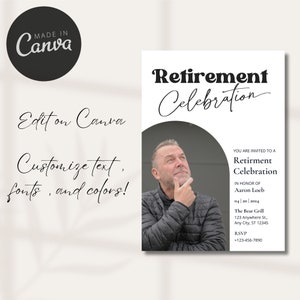 May include: A black and white retirement celebration invitation with a photo of a man in a black jacket. The invitation includes the text "Retirement Celebration", "You are invited to a Retirement Celebration", "In honor of Aaron Loeb", "04|20|2024", "The Bear Grill", "123 Anywhere St., Any City, ST 12345", and "RSVP +123-456-7890".