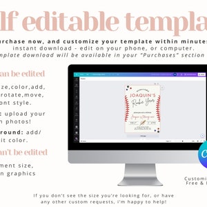 May include: A computer screen displaying a baseball-themed birthday invitation template in Canva. The template features a red, white, and blue baseball design with the text "JOAQUIN'S Rookie Year". The text "Customize on Canva, Free & Easy To Use!" is displayed below the screen.