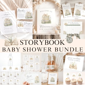 Puede incluir: Un paquete de baby shower con temática de libro de cuentos. El paquete incluye invitaciones imprimibles, tarjetas de agradecimiento, etiquetas para alimentos, un cartel de rifa de pañales, un cartel de bienvenida y un libro de visitas. El diseño presenta una pila de libros con una ilustración floral.