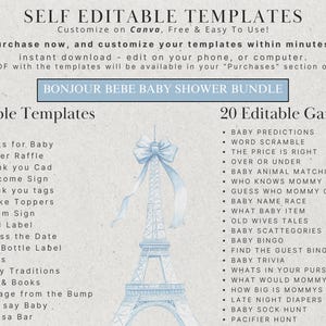 May include: A printable baby shower bundle with 17 editable templates and 20 editable games. The bundle features a blue and white Eiffel Tower design with the text "Bonjour Bebe Baby Shower Bundle".
